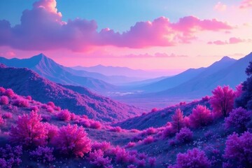 Obraz premium Vibrant landscape portfolio; bold pink & blue hues , ocean, mountains