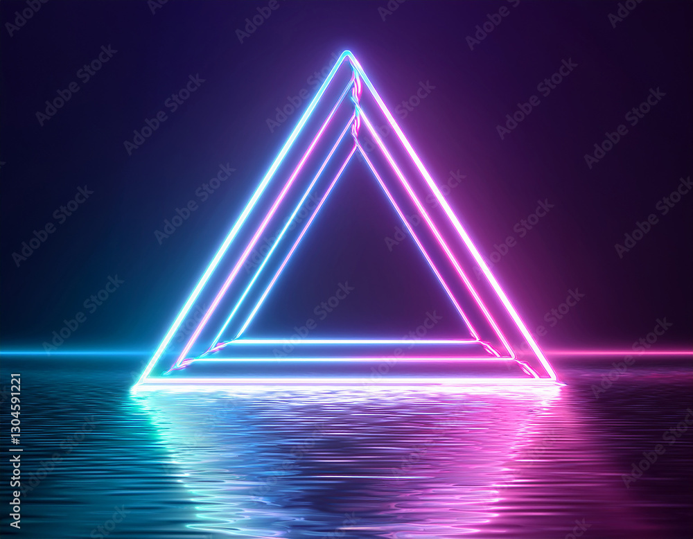 Aufkleber glowing triangular ultraviolet neon frame floating above a liquid surface. holographic gradient.