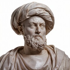 Obraz premium Marble Bust of a Turbaned Figure with Draped Garment Isolated on White Background.