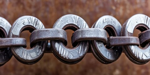 industrial machinery and machinery parts mechanized. Metal chain links with a textured surface against a rustic background.