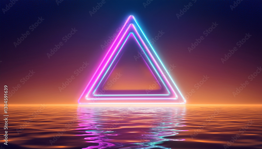 Poster glowing triangular ultraviolet neon frame floating above a liquid surface. holographic gradient.