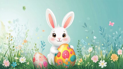 Adorable Easter Bunny with Colorful Eggs in a Lush Meadow Springtime Celebration Happy Holiday Scene