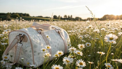 Obraz premium A travel bag emerging from a field of daisies