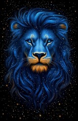 The lion, adorned with blue and gold fur and a golden mane, has a gaze that conveys strength and resolve