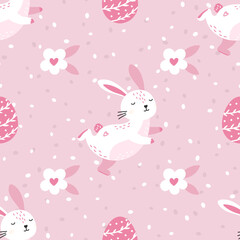Pastel-colored seamless vector pattern with bunnies, eggs, and spring flowers, perfect for wrapping paper, children s clothing, and celebrating the Easter holiday