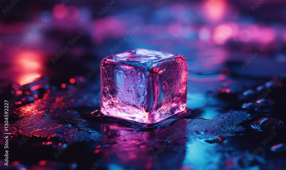 Poster macro view of a glowing ice cube melting on a glossy surface illuminated by dramatic cool lighting c