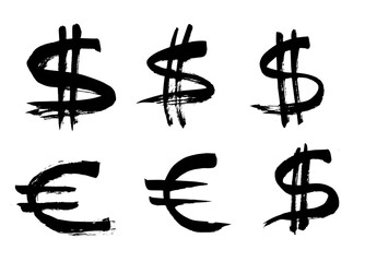 Dollar Euro Symbol Currency Grunge Brush Stroke Style Vector Set