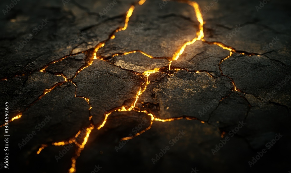 Aufkleber macro view of cracked dark stone with thin glowing golden lines forming intricate patterns, illumina