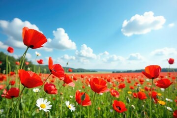 Fototapeta premium Red poppy field with a few yellow daisies and white buttercups, daisy, wildflowers