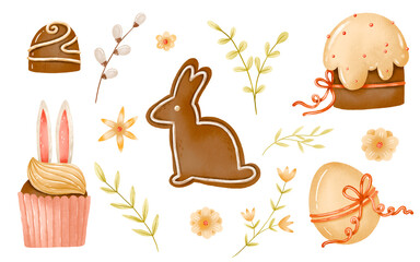Easter bakery, chokolate sweets, cake with bunny ears, flowers, branches, leaves. Easter spring hand drawn collection