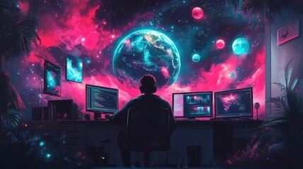 A striking image showcasing the programmer's back, surrounded by digital art pieces that are based on coding concepts