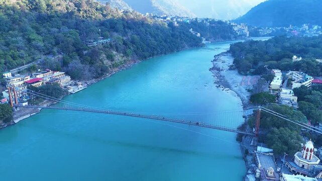 Aerial Views of Rishikesh &ndash; Ram Jhula & Laxman Jhula Drone Footage