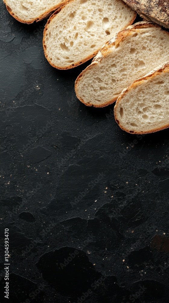 Poster sliced sourdough bread on dark textured background with empty space for text and design food photogr