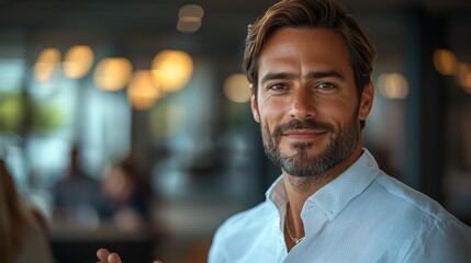 Man with a beard smiles confidently in a modern cafe setting filled with warm lighting during late afternoon