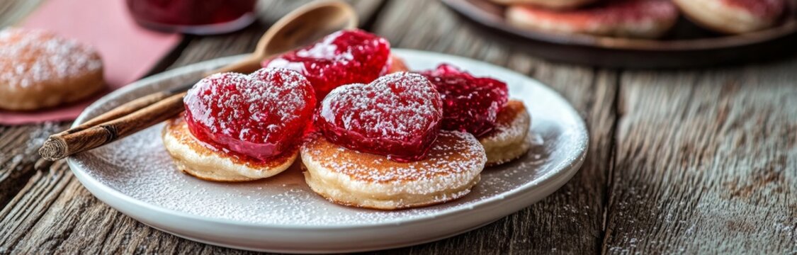 A pink background complements a white plate of heart-shaped pancakes topped with strawberry jam, great for Valentine's Day breakfasts or romantic brunch ideas, stock