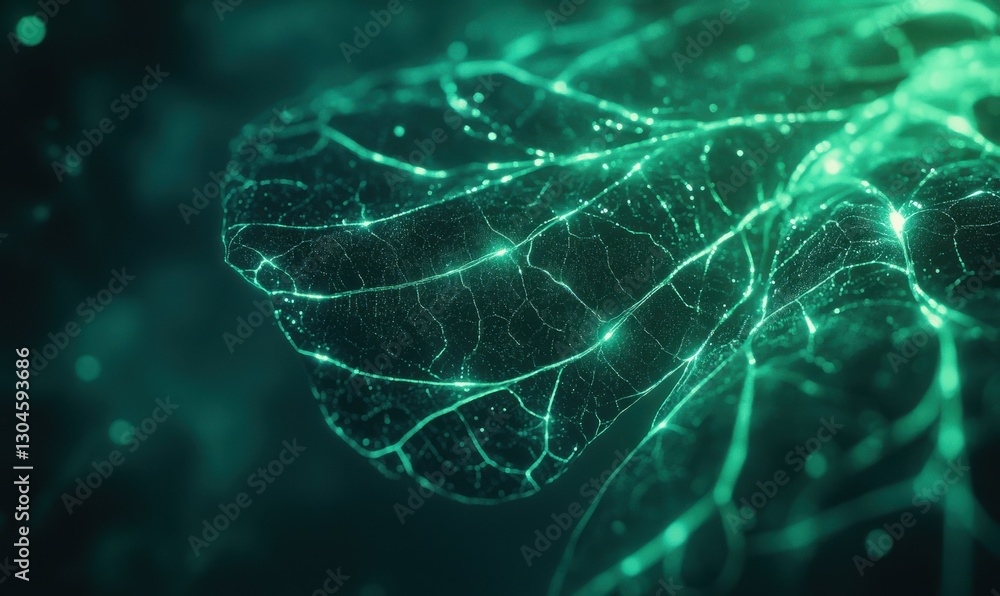 Poster macro view of glowing green leaf veins illuminated by soft natural light creating a bold botanical a