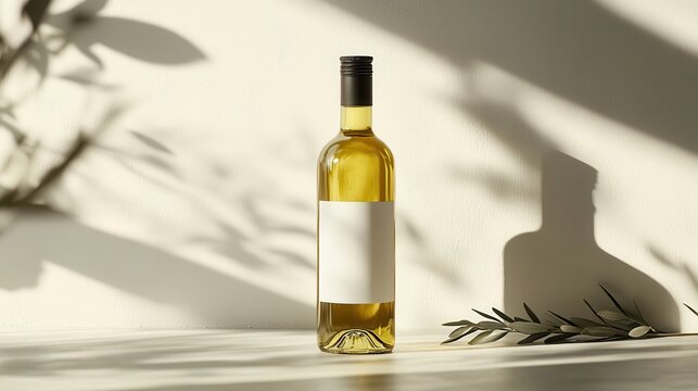 A minimalist glass bottle, its surface gleaming under the soft light, cradles the golden elixir of extra virgin olive oil. A pristine white backdrop provides a clean canvas for its blank label,