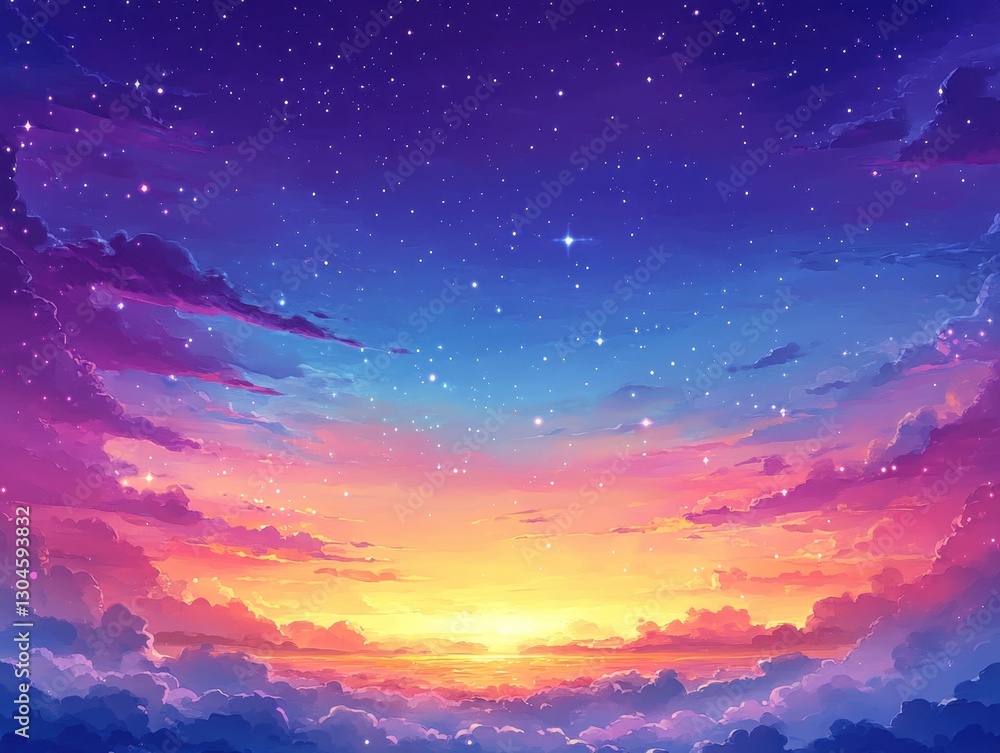 Poster ethereal canvas of twilight hues painting the sky with soft clouds and twinkling stars creating a se