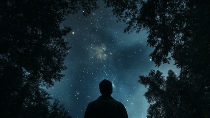 Contemplative Gaze Under Starry Skies Silhouette of Solitude Embracing Celestial Wonder