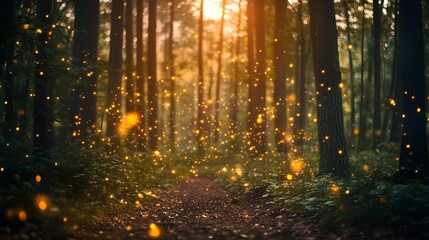 Fototapeta premium A magical forest path illuminated by golden sparkling light