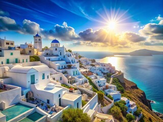 Obraz premium Isometric Greece: Blue Aegean Sea Long Exposure, Cyclades Islands, Whitewashed Houses, Sun-Drenched Landscape