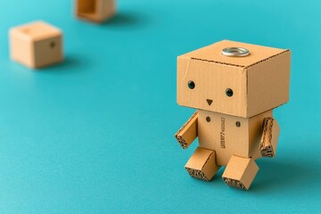 Handmade Robot Toy Crafted From Recycled Materials Displayed on a Vibrant Blue Background