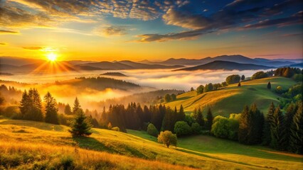 Obraz premium Golden hour paints summer's sunrise landscape in breathtaking low light.