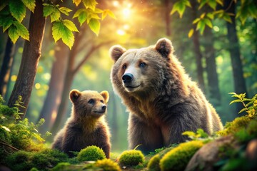 Obraz premium Great Bear Little Bear HD, Cute Cartoon Animals, Forest Friends, Wildlife Illustration, Nature Scene, Deep Depth of Field, Adorable Bears, High Resolution Image, Digital Painting, Fantasy Art