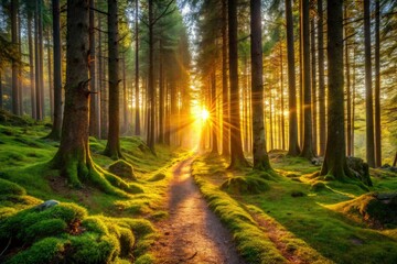 Golden hour sunlight paints a mystical forest path, serene and enchanting.