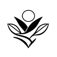 Minimalist black and white floral logo with a circle sun on a white background.