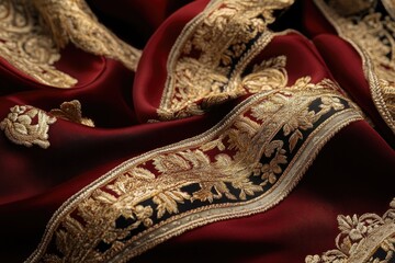 Detailed Look at Luxurious Mughal Border Velvet Fabric in Deep Reds With Intricate Gold Embroidery