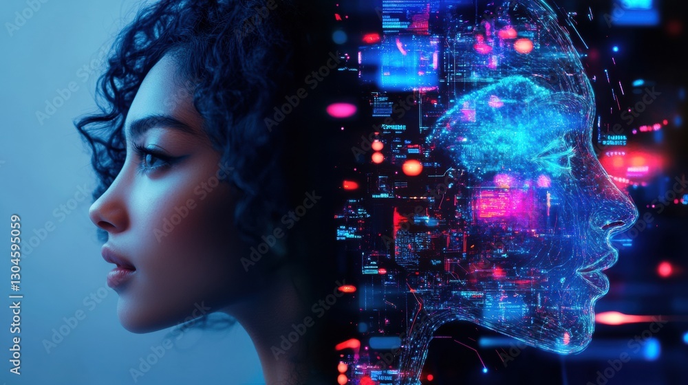 Poster profile of a woman in a creative digital fusion with artificial intelligence illuminated by neon col