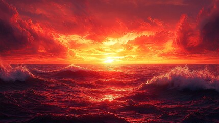 Obraz premium Fiery red and orange sunset over the ocean with dramatic clouds and calming waves