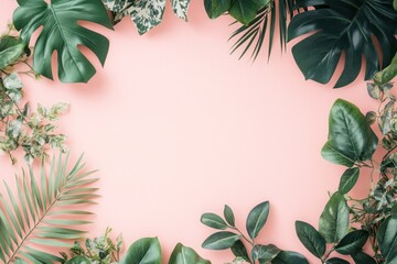 Naklejka premium Pink background with tropical leaves frame.