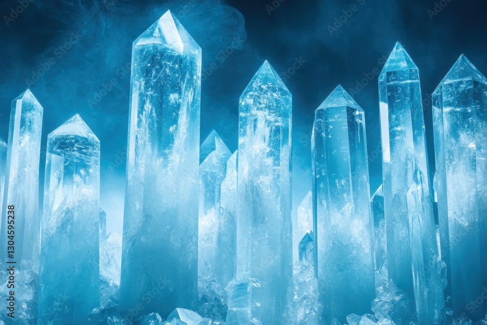 Poster ethereal blue crystal formations against a dark backdrop evoking a serene and mystical atmosphere wi