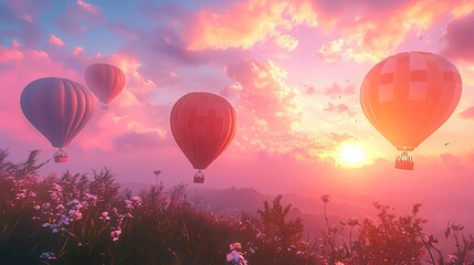 Fototapeta premium Balloons and hot air balloons ascending into a pastel sunrise sky overhead