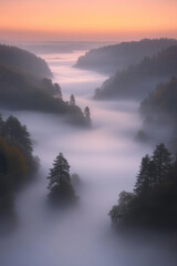 Obraz premium Misty Valley Landscape at Sunrise Background Copy Space