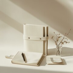 Elegant Stationary Set with Organizer Flowers and Note Pad on Neutral Surface Still Life