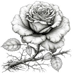 Fototapeta premium Elegant Rose Bloom Artwork in Black and White with Detailed Stem and Leaves Artistic Rendering