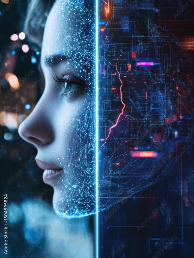 Poster digital blend of human features and technological elements highlights the fusion of artificial intel