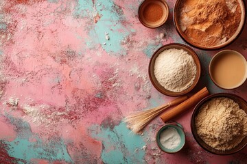 Baking necessities like butter, eggs, flour, sugar, and milk are arranged alongside tools including a whisk, rolling pin, and spatula on a pink background, captured in a flat lay from a top view with