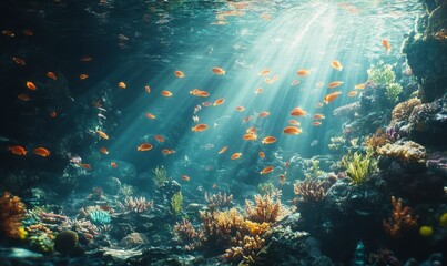 Fototapeta premium Vibrant underwater scene featuring a school of tropical fish swimming near colorful coral reefs, bright sunlight streaming through the water, evoking marine wonder,