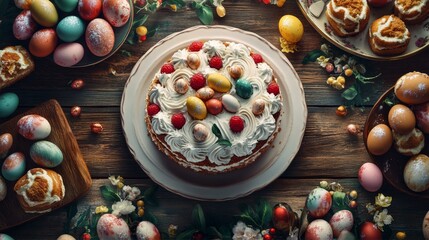 Festive Easter Cake Eggs and Treats on Rustic Wooden Table Still Life Composition Food Display