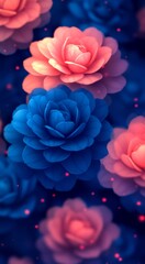 Fototapeta premium A vibrant floral pattern showcasing blue, pink, and white flowers, all set against a starry blue background. The scene radiates cheerfulness and energy