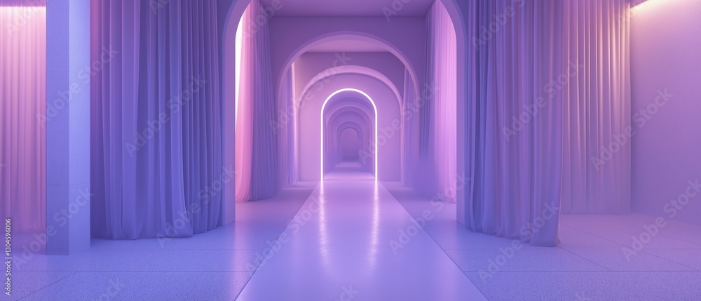 Poster long, narrow corridor with a high archway in the center. the corridor is made of white tiles and is 