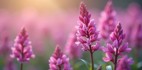 Fototapeta premium Soft pink petals of Calluna vulgaris flowers gently sway in the breeze, purple hues, spring blooms