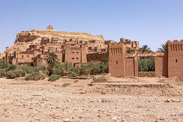 View from the dry riverbedof of famous clay city Ait Benhaddou, Morocco. Horizontally. 