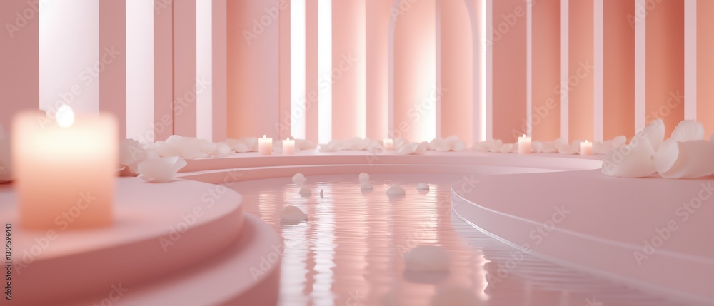 Poster 3d rendering of a room with a pink and white color scheme. the room has a circular pool of water in 