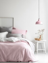 Pink bedding, grey pillows, white room.