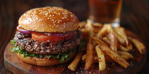 Close Up Of Delicious Gourmet Burger With Tomato Onion Lettuce Sesame Bun And Crispy Golden French Fries Beside On Wooden Plate